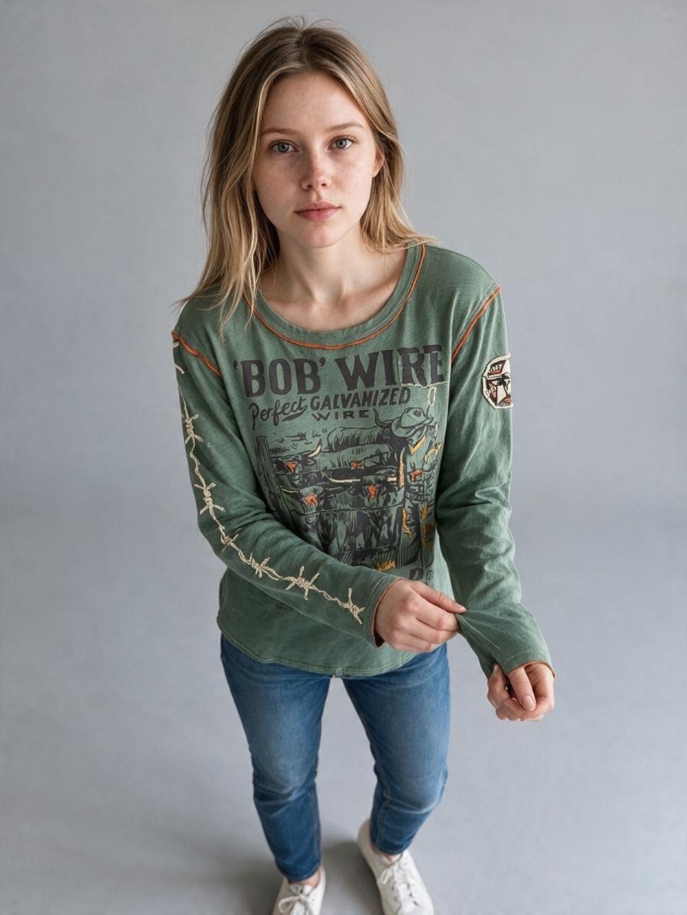 Woman’s Double D Ranch Bob’s Wire Graphic Long Sleeve Shirt Green Small Western